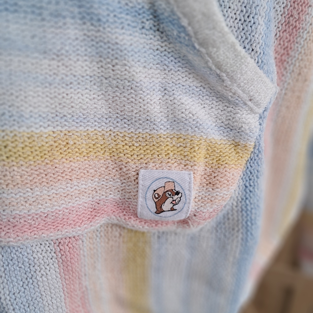 Bucees Knit Hooded Sweater Pastel Colors Striped V-Neck Long Sleeve Beachy Boho - Picture 7 of 12
